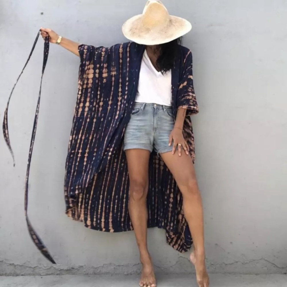 Navy Tie Dye Boho Swim Coverup Kimono Robe - Picture 2 of 8